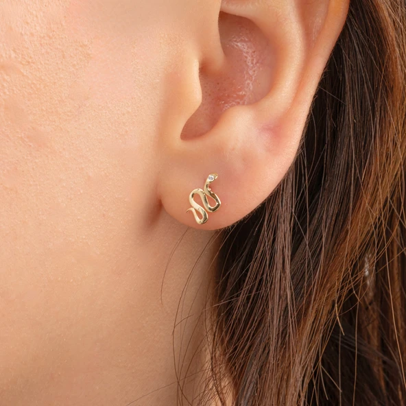 Gümüş Küpe - 925 Ayar Gümüş Yılan Desenli Taşlı Minimal Küpe - 2