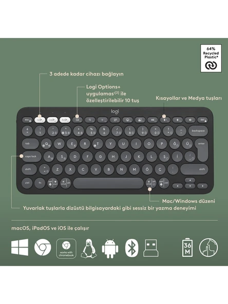 Logitech 920-012245 Grafit Pebble 2 Combo Çoklu Sessiz Kablosuz Türkçe Q Klavye Mouse Seti - 2