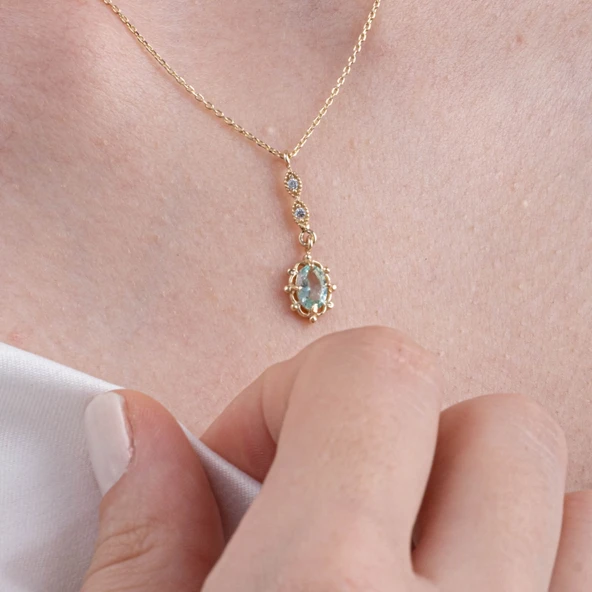 Gümüş Kolye - Vintage Tasarım Sallantılı Oval Su Yeşili Taşlı Zirkon Taşlı 925 Ayar Gümüş Kolye - 4