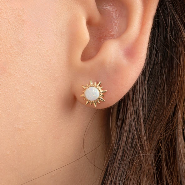 Gümüş Küpe - 925 Ayar Gümüş Opal Taşlı Güneş Desenli Küpe