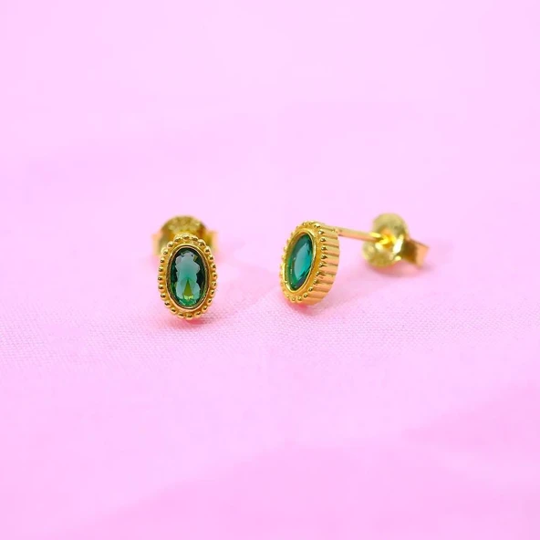 Gümüş Küpe - Kadın 0.50 Karat Zümrüt Taşlı Sade Minimal Tasarım 925 Ayar Gümüş Küpe