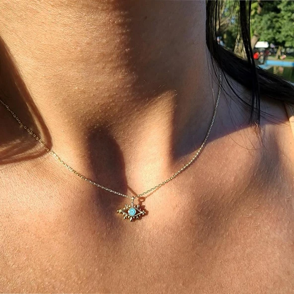 Gümüş Kolye - Tasarım Kirpik Nazar Boncuğu Firuze Mineli Göz Tasarım925 Ayar Gümüş Kolye Gümüş Kolye ürün görseli