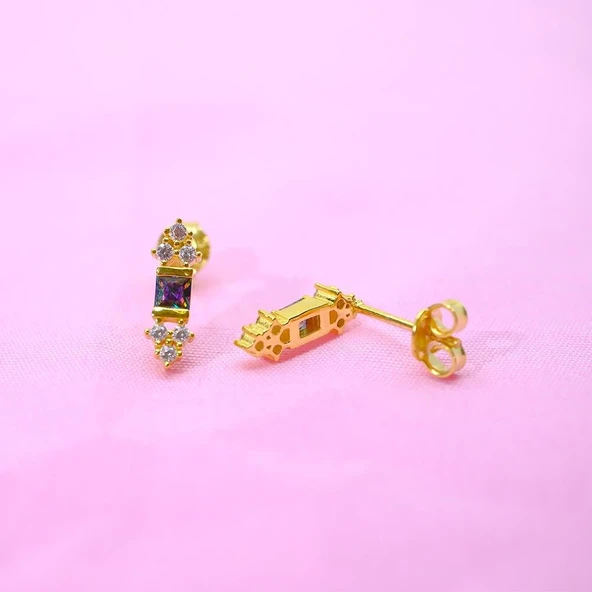 Gümüş Küpe - Kadın Prenses Kesim Mistik Topaz Taşlı Minimal Tasarım 925 Ayar Gümüş Küpe - 2