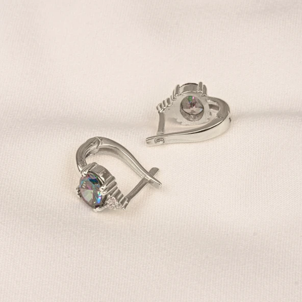 Gümüş Küpe - 925 Ayar Gümüş Oval Mistik Topaz Taşlı Tektaş Küpe - 8