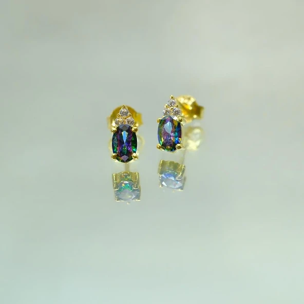 Gümüş Küpe - Kadın Oval Kesim 1.10 Karat Mistik Topaz Taşlı Modern 925 Ayar Gümüş Küpe - 2