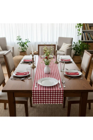 Kırmızı Beyaz Pötikare Runner Masa Örtüsü 35x200 cm