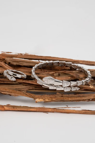 925 ayar gümüş rodyumlu zirkon taşlı özel tasarım yılan bilezik ve yüzük seti SGTL13046RODAJ - Resim 5