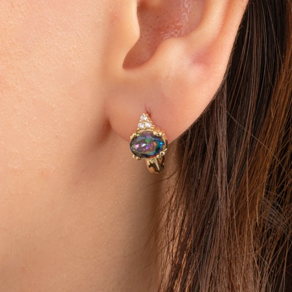 Gümüş Küpe - 925 Ayar Gümüş Oval Mistik Topaz Taşlı Tektaş Küpe