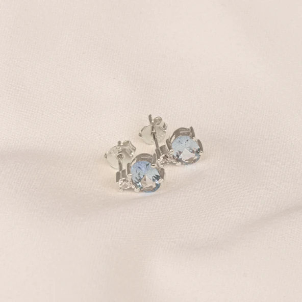 Gümüş Küpe - 925 Ayar Gümüş Oval Blue Topaz Taşlı Tektaş Küpe - 8