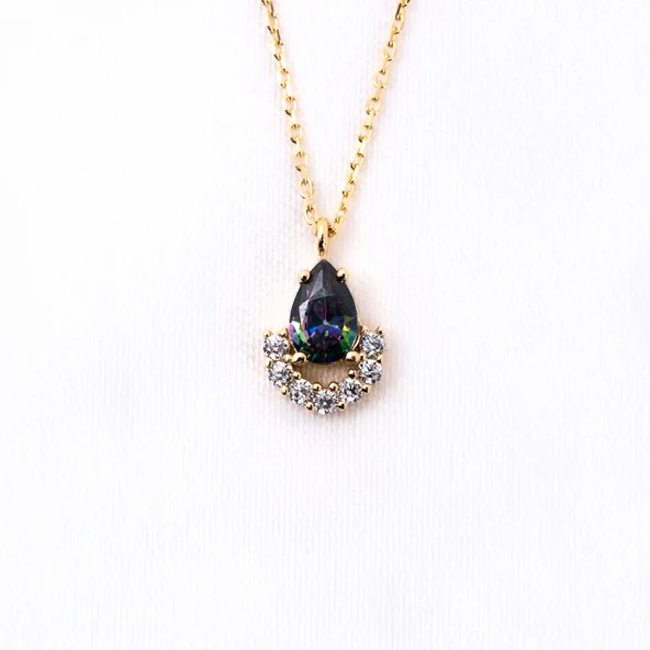 Gümüş Kolye - 0.50 Karat Mistik Topaz Damla Ay Tasarım Doğal Taşlı 925 Ayar Gümüş Kolye - Resim 2