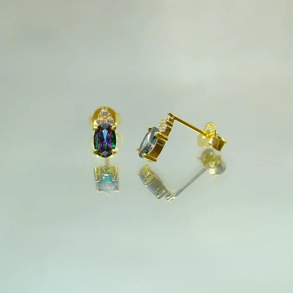 Gümüş Küpe - Kadın Oval Kesim 1.10 Karat Mistik Topaz Taşlı Modern 925 Ayar Gümüş Küpe - 4