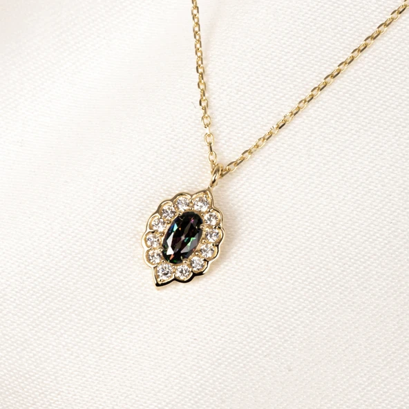 Gümüş Kolye - Oval Mistik Topaz Taşlı Yanları Zirkon Taşlı Modern Tasarım 925 Ayar Gümüş Kolye - 7