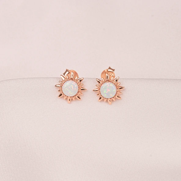 Gümüş Küpe - 925 Ayar Gümüş Opal Taşlı Güneş Desenli Küpe - 8