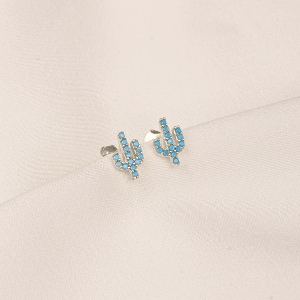 Gümüş Küpe - 925 Ayar Gümüş Minimal Kaktüs Modelli Firuze (Turkuaz) Taşlı Küpe - 6