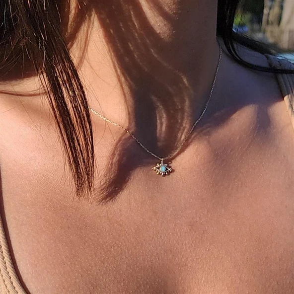 Gümüş Kolye - Tasarım Kirpik Nazar Boncuğu Firuze Mineli Göz Tasarım925 Ayar Gümüş Kolye Gümüş Kolye - Resim 4