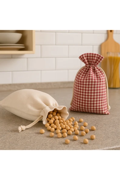 Kuru Gıda ve Kahve Saklama Kesesi 3’lü Set Pamuklu Büzgülü Kumaş Kese - 2