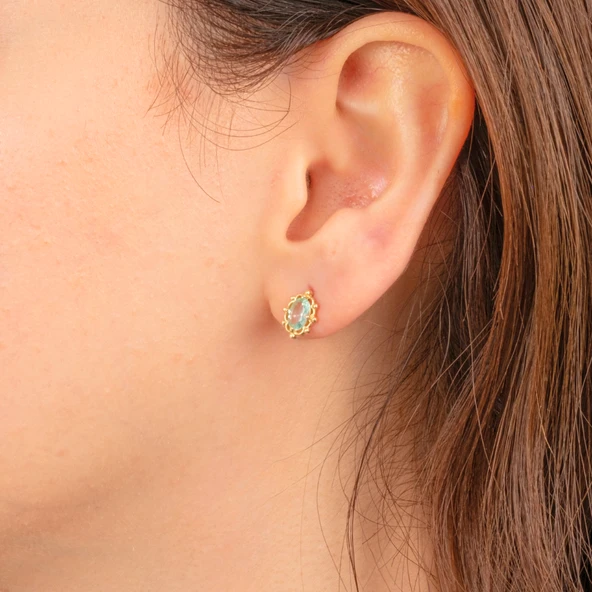 Gümüş Küpe - 925 Ayar Gümüş Vintage Tasarım Green Topaz (Su Yeşili) Taşlı Küpe - 3