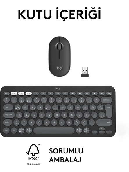 Logitech 920-012245 Grafit Pebble 2 Combo Çoklu Sessiz Kablosuz Türkçe Q Klavye Mouse Seti - 9