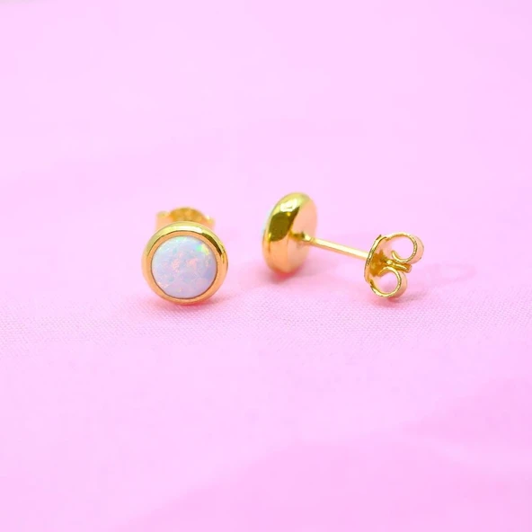 Gümüş Küpe - Kadın Yuvarlak Opal Taşlı 925 Ayar Gümüş Küpe