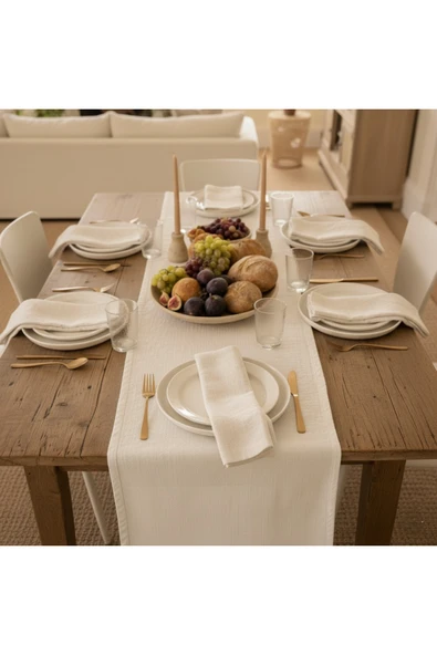 Ham Bez Kumaş Country Tarz Runner 35x210 cm ve 6’lı Peçete Seti - Doğal %100 Pamuk Sofra Takımı - 2