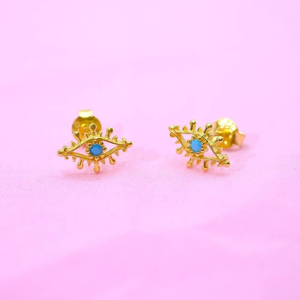 Gümüş Küpe - Kadın Minimal Firuze (Turkuaz) Taşlı Göz Tasarım 925 Ayar Gümüş Küpe