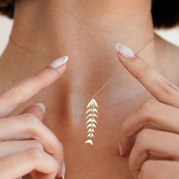 Gümüş Kolye - Balık Kılçığı Gümüş Kolye-Balık Kolye 925 Ayar Gümüş-Hediye Gümüş Kolye