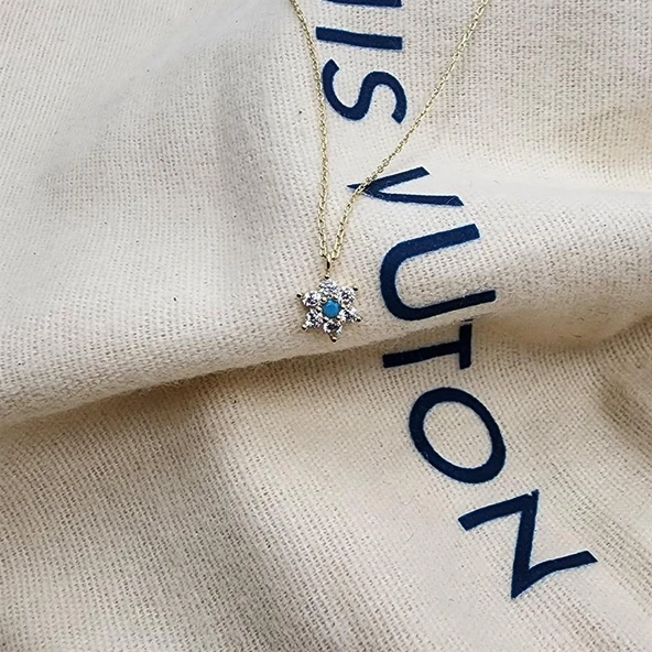 Gümüş Kolye - Ortası Firuze (Turkuaz) Taşlı Çiçek Tasarımlı Nano Has Taşlı 925 Ayar Gümüş Kolye - 5