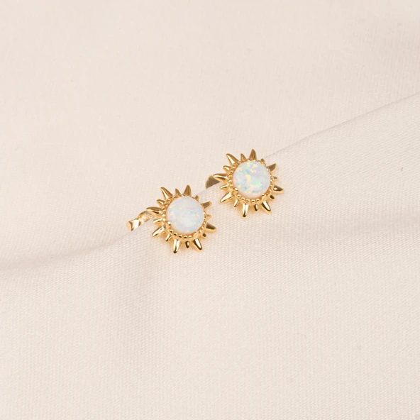 Gümüş Küpe - 925 Ayar Gümüş Opal Taşlı Güneş Desenli Küpe - 5