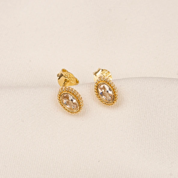 Gümüş Küpe - 925 Ayar Gümüş Oval Taşlı Tasarım Küpe - 6