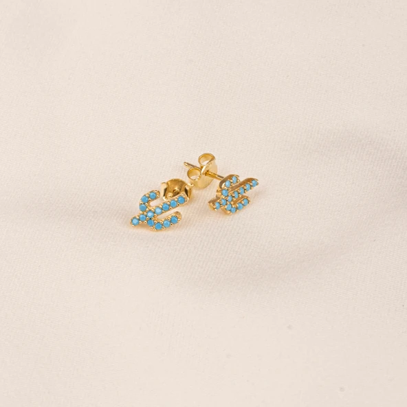 Gümüş Küpe - 925 Ayar Gümüş Minimal Kaktüs Modelli Firuze (Turkuaz) Taşlı Küpe - 3