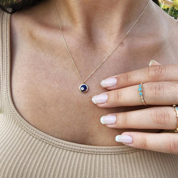 Gümüş Kolye - Ala Lacivert Lazer Mineli Nazar Boncuğu Göz Tasarım Taşsız Modern 925 Ayar Gümüş Kolye - 4