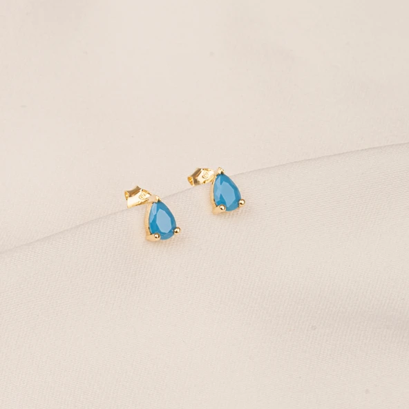 Gümüş Küpe - 925 Ayar Gümüş Damla Modelli Firuze (Turkuaz) Taşlı Küpe - 6