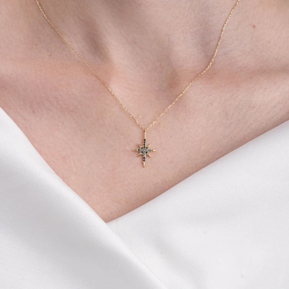 Gümüş Kolye - Oniks (Siyah) Taşlı Polaris Kutup Yıldızı 925 Ayar Gümüş Kolye - 4