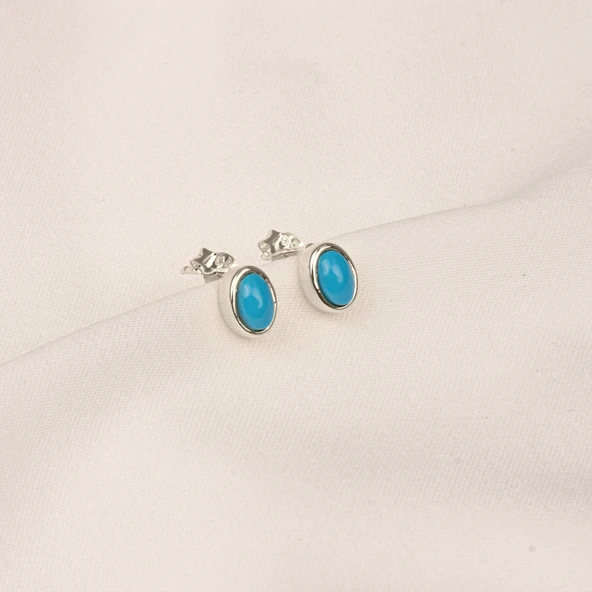 Gümüş Küpe - 925 Ayar Gümüş Firuze (Turkuaz) Taşlı Oval Küpe - 8