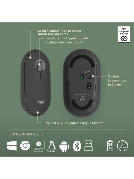 Logitech 920-012245 Grafit Pebble 2 Combo Çoklu Sessiz Kablosuz Türkçe Q Klavye Mouse Seti - 3