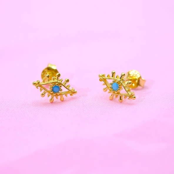 Gümüş Küpe - Kadın Minimal Firuze (Turkuaz) Taşlı Göz Tasarım 925 Ayar Gümüş Küpe - 2