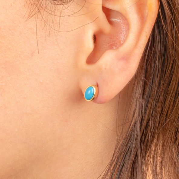 Gümüş Küpe - 925 Ayar Gümüş Firuze (Turkuaz) Taşlı Oval Küpe - 3