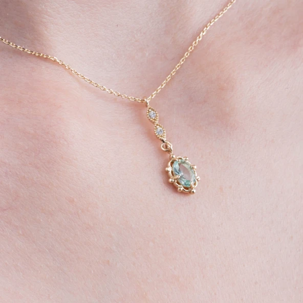 Gümüş Kolye - Vintage Tasarım Sallantılı Oval Su Yeşili Taşlı Zirkon Taşlı 925 Ayar Gümüş Kolye - 3