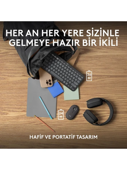 Logitech 920-012245 Grafit Pebble 2 Combo Çoklu Sessiz Kablosuz Türkçe Q Klavye Mouse Seti - 8