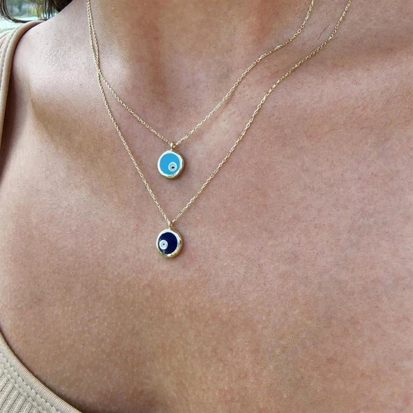 Gümüş Kolye - Ala Lacivert Lazer Mineli Nazar Boncuğu Göz Tasarım Taşsız Modern 925 Ayar Gümüş Kolye - 3
