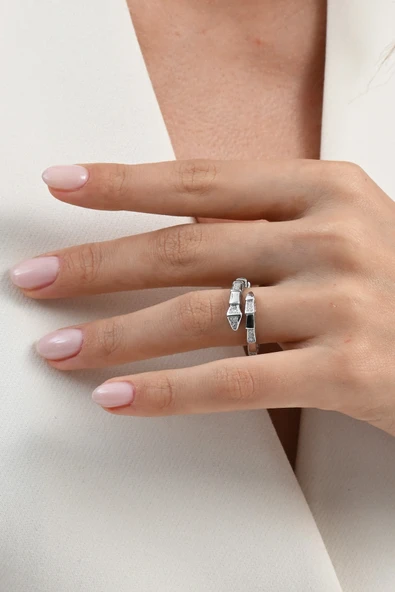 925 ayar gümüş rodyumlu zirkon taşlı özel tasarım yılan bilezik ve yüzük seti SGTL13046RODAJ - Resim 7