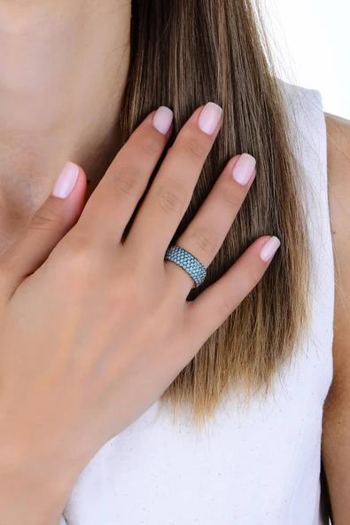 Gümüş rose turkuaz taşlı 5 sıra tamtur yüzük - Resim 2