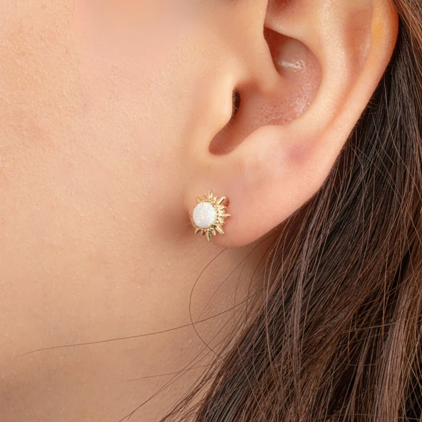 Gümüş Küpe - 925 Ayar Gümüş Opal Taşlı Güneş Desenli Küpe - 2