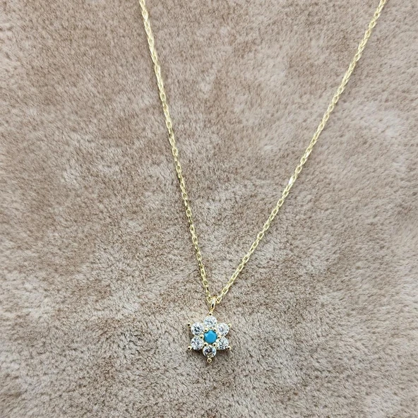 Gümüş Kolye - Ortası Firuze (Turkuaz) Taşlı Çiçek Tasarımlı Nano Has Taşlı 925 Ayar Gümüş Kolye - 7