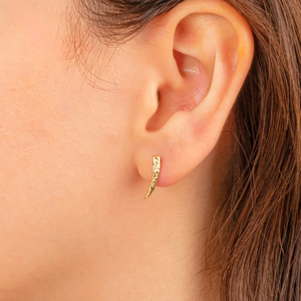 Gümüş Küpe - 925 Ayar Gümüş Minimal Taşlı Dövülü Küpe - 2