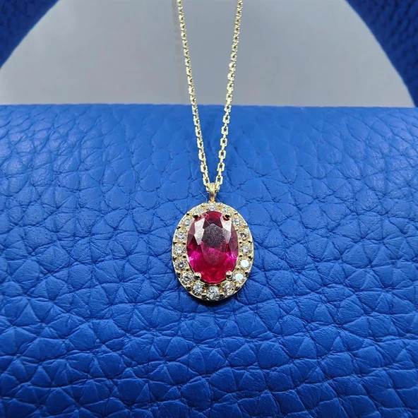 Gümüş Kolye - Lal Taşlı Vintage 925 Ayar Gümüş Kolye-Lal Taşlı Divarane Taşlı Hediyelik Gümüş Kolye - 4