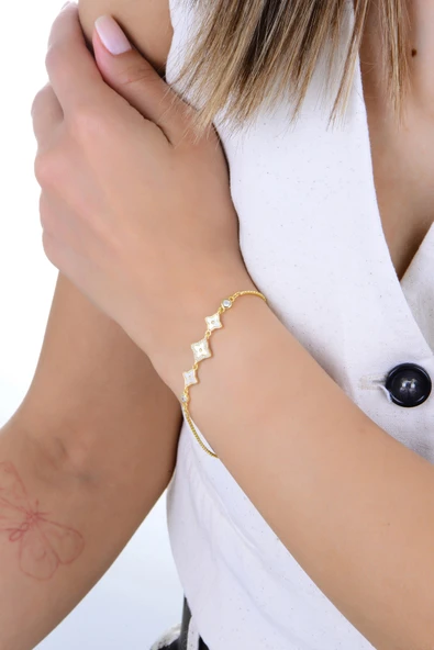 Gümüş altın yaldızlı sedef ve zirkon taşlı tria şans yıldızı yonca bileklik SGTL12916GOLD - Resim 2