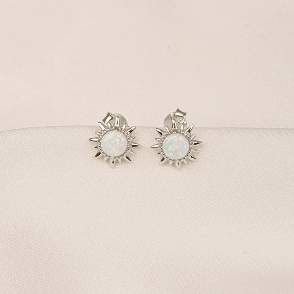 Gümüş Küpe - 925 Ayar Gümüş Opal Taşlı Güneş Desenli Küpe - 7