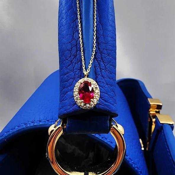 Gümüş Kolye - Lal Taşlı Vintage 925 Ayar Gümüş Kolye-Lal Taşlı Divarane Taşlı Hediyelik Gümüş Kolye - 2