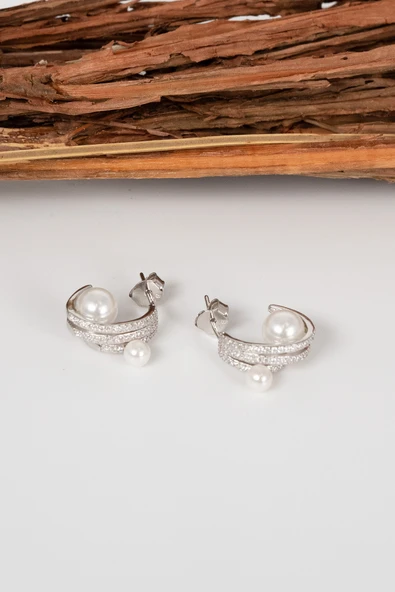 Gümüş rodyumlu zirkon taşlı modern kavisli inci küpe SGTL13024RODAJ - Resim 4